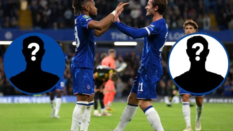 Christopher Nkunku celebrating goal with Ben Chilwell during Chelsea's win against Barrow, inset mystery player x2