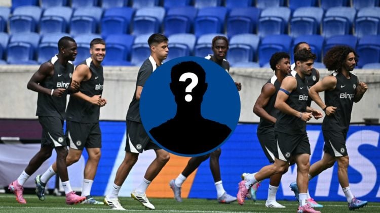 Several Chelsea players running in a training session ahead of the Club World Cup final, inset mystery player