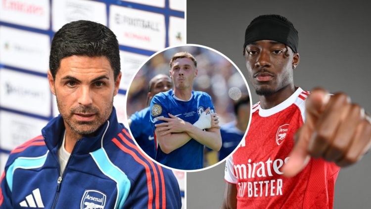 Mikel Arteta speaks to the media during Arsenal Press Conference. Arsenal Unveil New Signing Noni Madueke at Sobha Reality Training Centre. Inset: ...