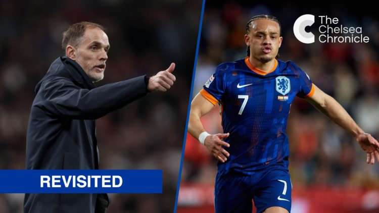 Split image - England manager Thomas Tuchel giving thumbs up and Xavi Simons playing for the Netherlands against Spain in the Nations League