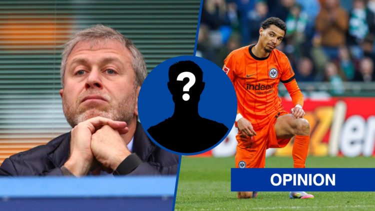 Split image - Roman Abramovich in stands watching Chelsea game and Hugo Ekitike of Eintracht Frankfurt looking dejected, inset mystery player