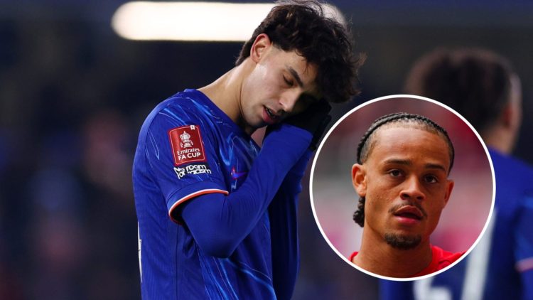 Joao Felix celebrates scoring during Chelsea v Morecambe - Emirates FA Cup Third Round. Inset: Xavi Simons looks on during RB Leipzig v VfB Stuttga...