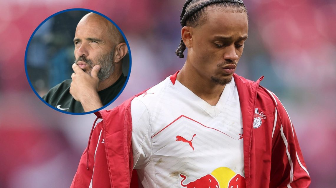 Xavi Simons reacts after the Bundesliga match between RB Leipzig and VfB Stuttgart, inset Enzo Maresca looks on ahead match between Chelsea and PSG