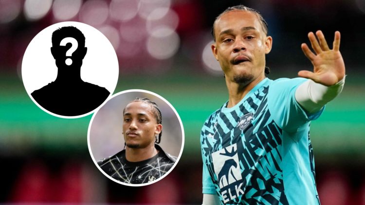 Xavi Simons looks on during the DFB Cup quarter-final between Leipzig and Wolfsburg. Inset, Joao Pedro for Chelsea before the Club World Cup final....