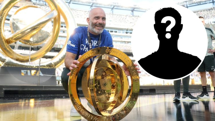 Enzo Maresca poses with the trophy after Chelsea FC v Paris Saint-Germain: Final - FIFA Club World Cup 2025. Marc Guiu is congratulated by Gianni I...