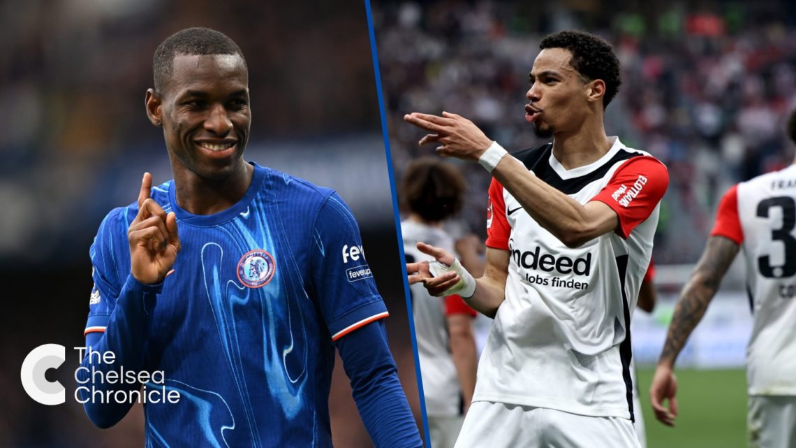 Split image - Chelsea's Nicolas Jackson against Aston Villa in the Premier League and Hugo Ekitike celebrates during Eintracht Frankfurt v RB Leipzig