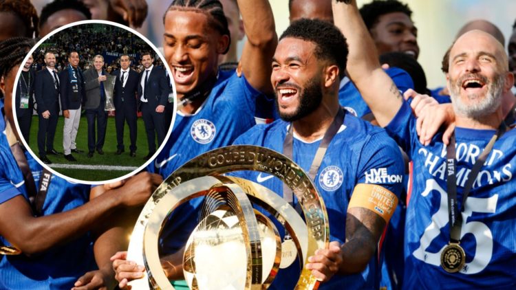 Chelsea players and Enzo Maresca lift the Club World Cup trophy during celebrations. Inset, Chelsea owners and senior figures celebrate with the Co...