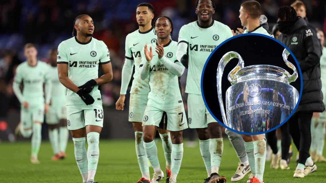Raheem Sterling of Chelsea applauds the fans, inset the UEFA Champions League trophy