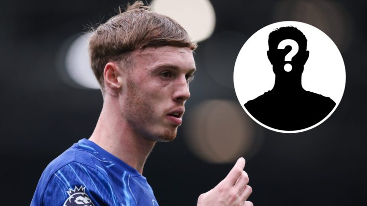 Cole Palmer playing for Chelsea against Fulham in the Premier League. Inset, mystery football player.