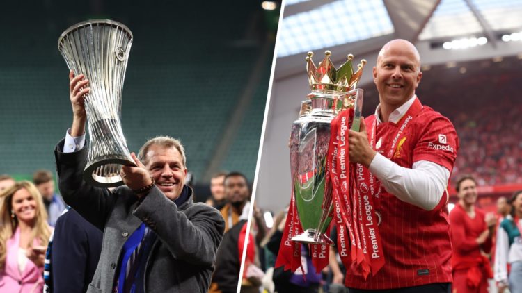 Todd Boehly celebrates after Real Betis Balompie v Chelsea FC - UEFA Conference League Final 2025. Arne Slot celebrates after Liverpool FC v Crysta...
