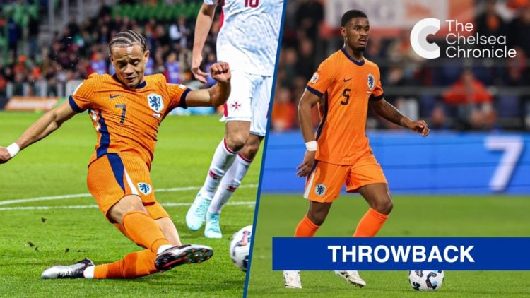 Split image - Xavi Simons kicking the ball in Netherlands game and Jorrel Hato on the ball