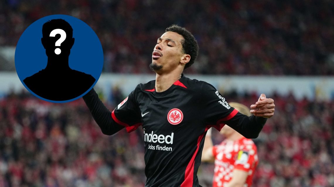 Hugo Ekitike reacts during Bundesliga match between 1. FSV Mainz 05 and Eintracht Frankfurt, inset mystery player