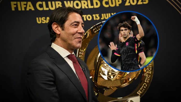 Benfica president Rui Costa poses with Club World Cup trophy, inset Joao Felix of Chelsea celebrates scoring