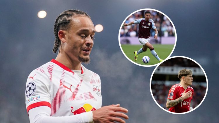 Xavi Simons prepares to take a corner for RB Leipzig against SK Sturm Graz in the Champions League. Inset one, Morgan Rogers dribbling for Aston Vi...