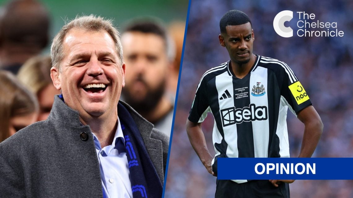 Split image - Todd Boehly celebrates after Real Betis Balompie v Chelsea and Alexander Isak of Newcastle United looks on during the Carabao Cup Final