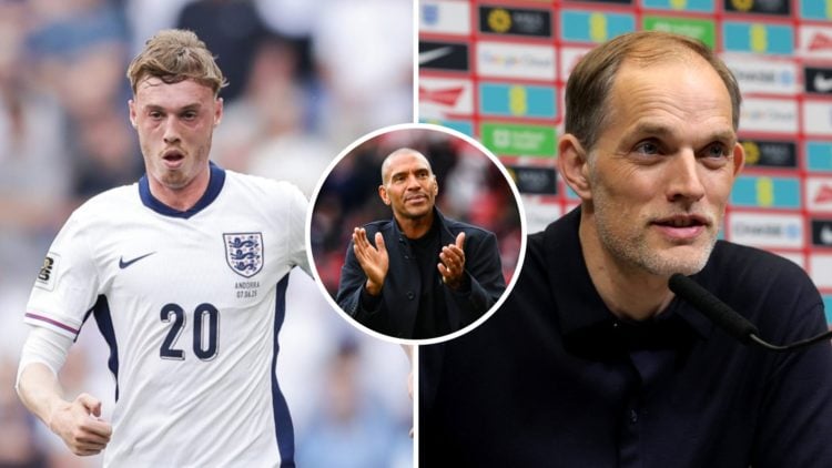 Picture one Chelsea star Cole Palmer playing for England in a World Cup qualifier. Picture two England manager Thomas Tuchel speaking to the media ...