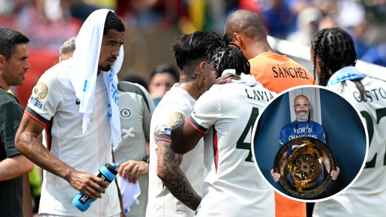 Chelsea's players take a hydration break during the Club World Cup match against Flamengo. Inset, Chelsea manager Enzo Maresca poses with the Club ...