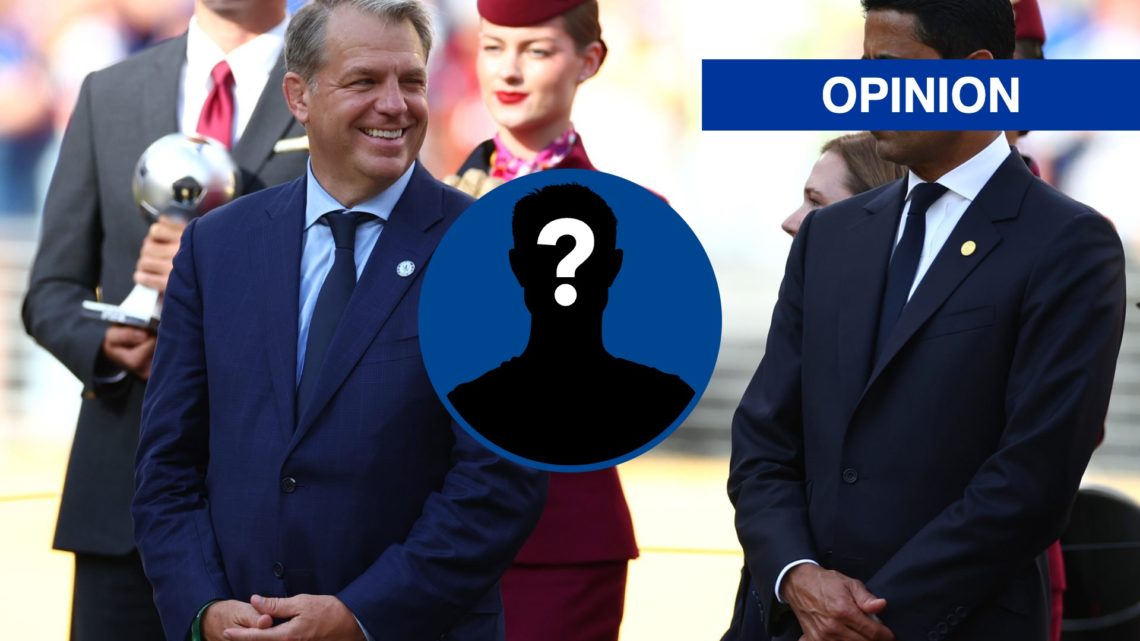 Chelsea co-owner Todd Boehly smiling at Club World Cup trophy presentation, inset mystery player