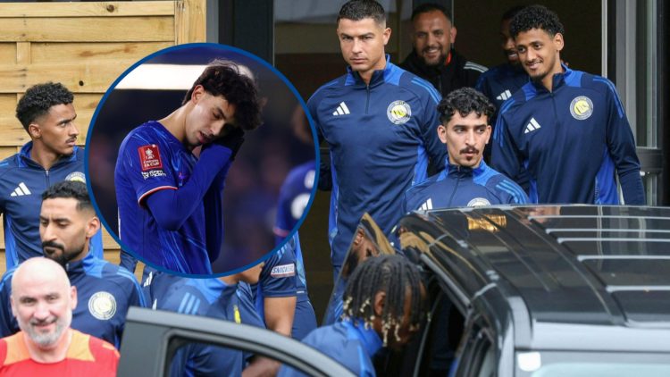 Al-Nassr players coming out for training, inset Joao Felix celebrates scoring during Chelsea v Morecambe
