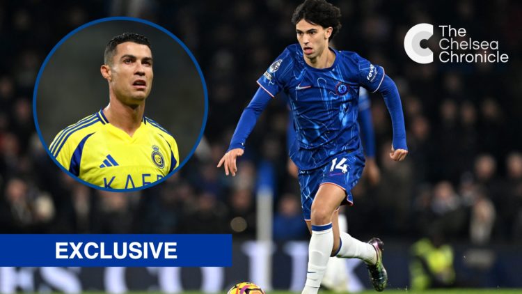 Joao Felix of Chelsea runs with the ball, inset Cristiano Ronaldo during AFC Champions League match between Al-Nassr FC and Al Ain FC