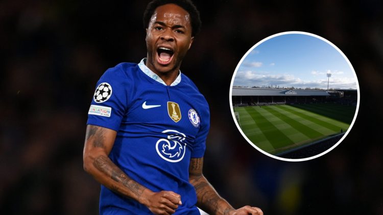 Raheem Sterling of Chelsea celebrates after scoring, inset of an empty Craven Cottage