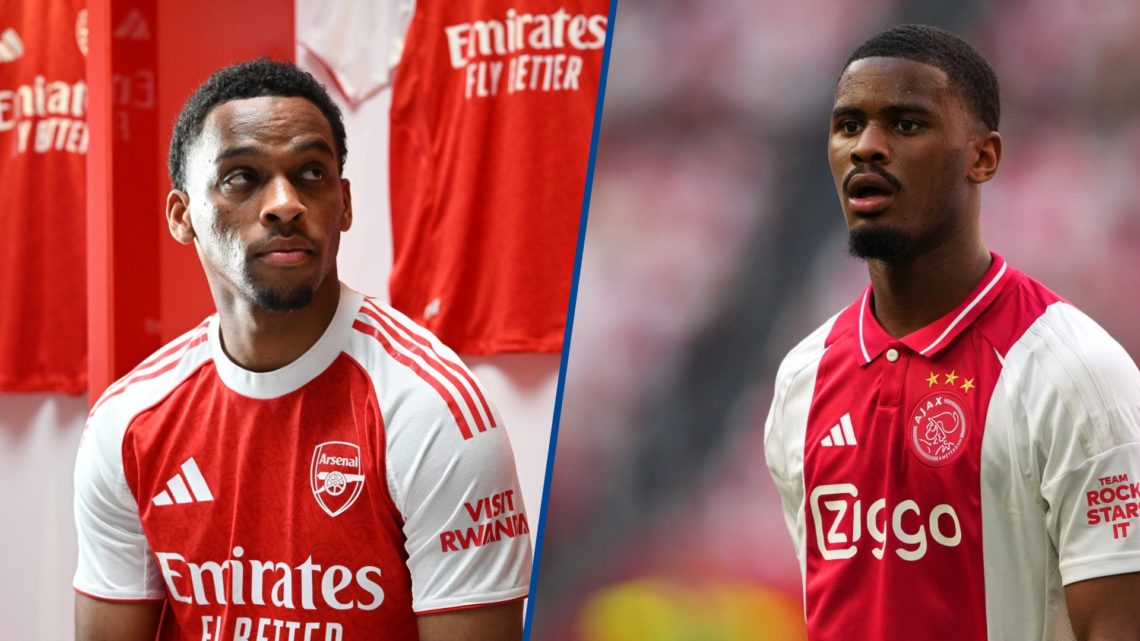 Split image - Jurrien Timber of Arsenal during the Adidas Arsenal 25-26 kit shoot and Jorrel Hato looks on during AFC Ajax v NEC