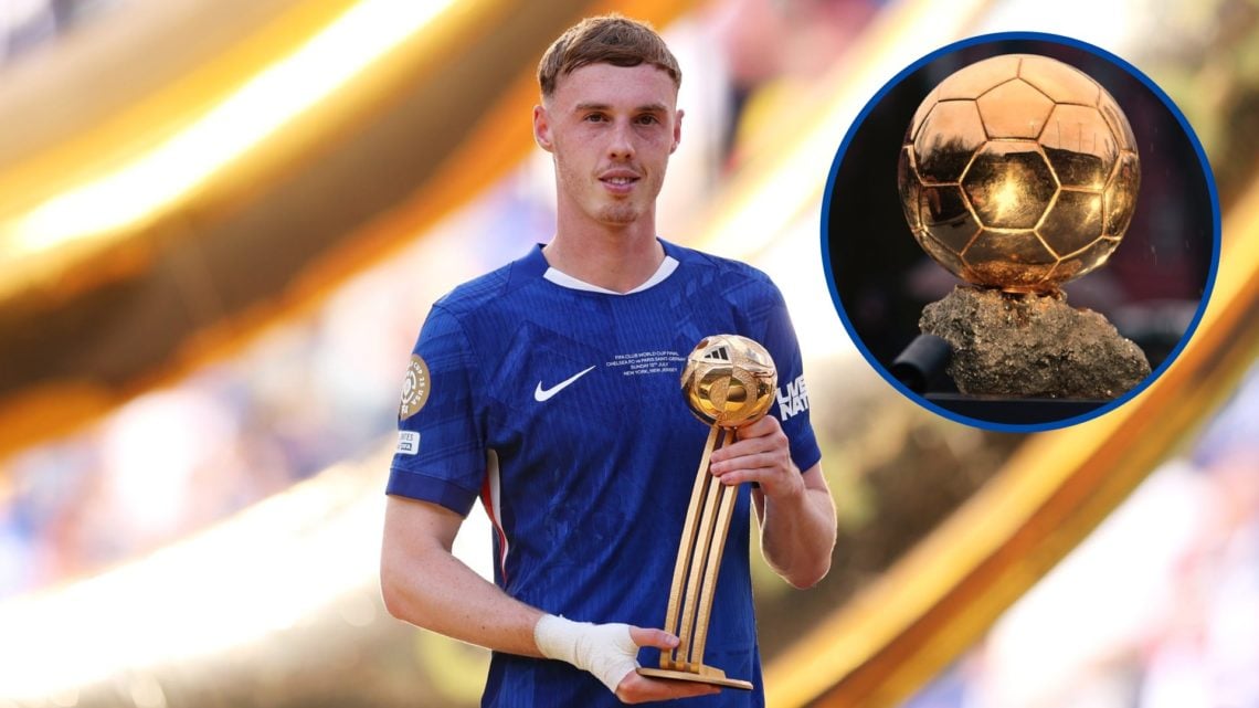 Cole Palmer poses after Chelsea FC v Paris Saint-Germain, inset Ballon d’Or award on display