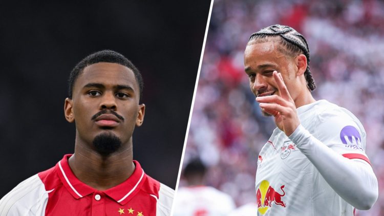 Jorrel Hato looks on ahead of AFC Ajax v R. Union Saint-Gilloise - UEFA Europa League 2024/25 League Knockout Play-off Second Leg. Xavi Simons cele...