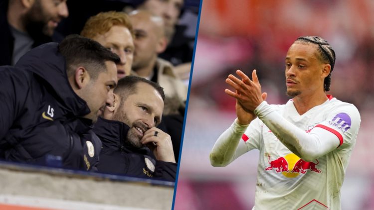Split image - Laurence Stewart and Paul Winstanley of Chelsea at FA Youth Cup game and Xavi Simons gestures during RB Leipzig v VfB Stuttgart