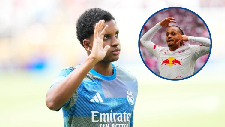 Real Madrid forward Rodrygo waving during warm up, inset Xavi Simons celebrates scoring for Leipzig against Stuttgart