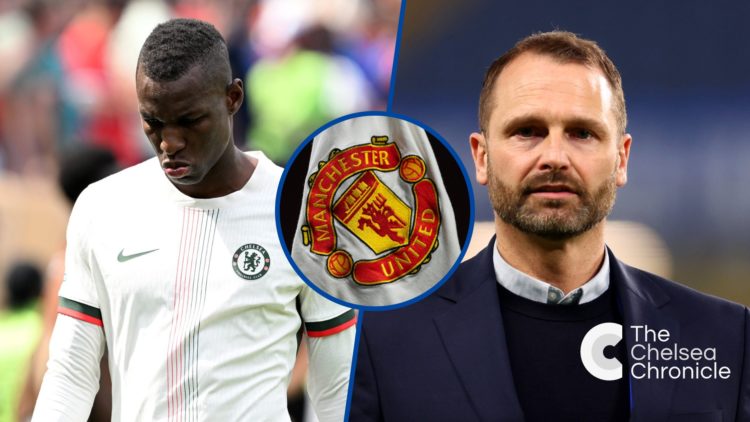 Split image - Chelsea's Nicolas Jackson leaves the pitch after red card and Paul Winstanley at Stamford Bridge, inset Manchester United badge