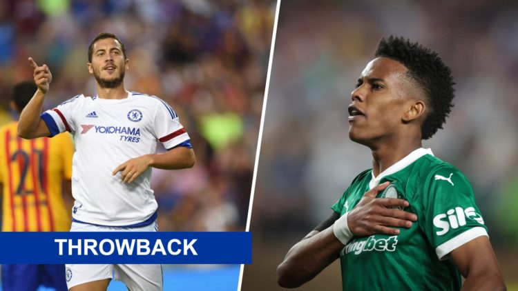 Eden Hazard celebrates scoring during a pre-season friendly between Chelsea and Barcelona. Estevao Willian celebrates during SE Palmeiras v Chelsea...