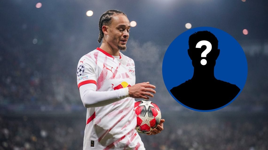 Xavi Simons of RB Leipzig prepares to take a corner kick, inset mystery player