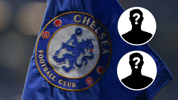 Main: A close-up photo of the Chelsea badge on a corner flag at Stamford Bridge. Insets: Mystery players.