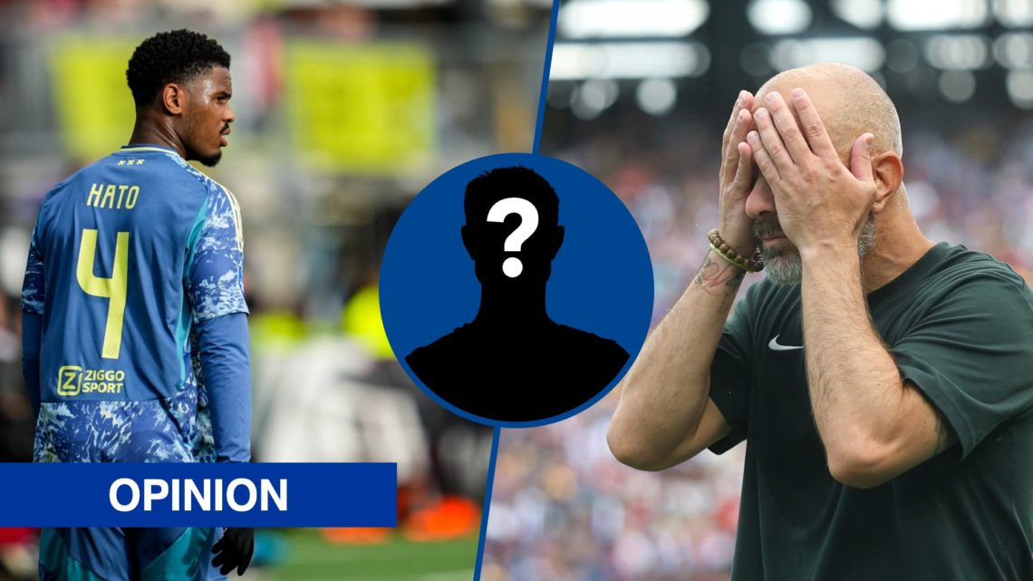 Split image - Jorrel Hato looks during match between Sparta Rotterdam and AFC Ajax and Enzo Maresca reacts during Chelsea v PSG, inset mystery player