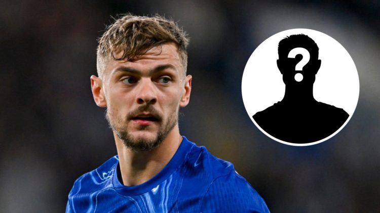 Chelsea midfielder Kiernan Dewsbury-Hall playing in the Conference League semi-final second leg against Djurgarden. Inset, mystery football player.