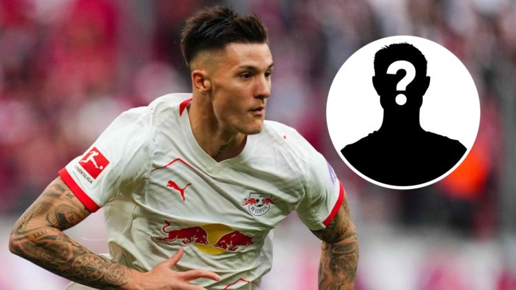 Benjamin Sesko playing for RB Leipzig against VfB Stuttgart in the German Bundesliga. Inset, mystery football player.