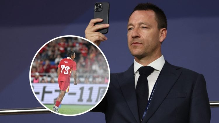 John Terry takes a photo during Chelsea v Palmeiras: Final - FIFA Club World Cup UAE 2021. Inset: Rio Ngumoha celebrates scoring the third goal for...