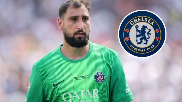 Main: Gianluigi Donnarumma looks on during PSG's Club World Cup semi-final against Real Madrid. Inset: A close up view of the Chelsea badge.