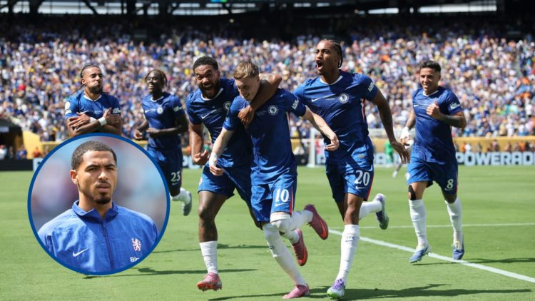 Chelsea players celebrating together, inset Levi Colwill looks on ahead of Benfica game
