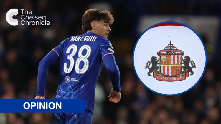 Marc Guiu of Chelsea during UEFA Conference League match, inset Sunderland emblem on a seat