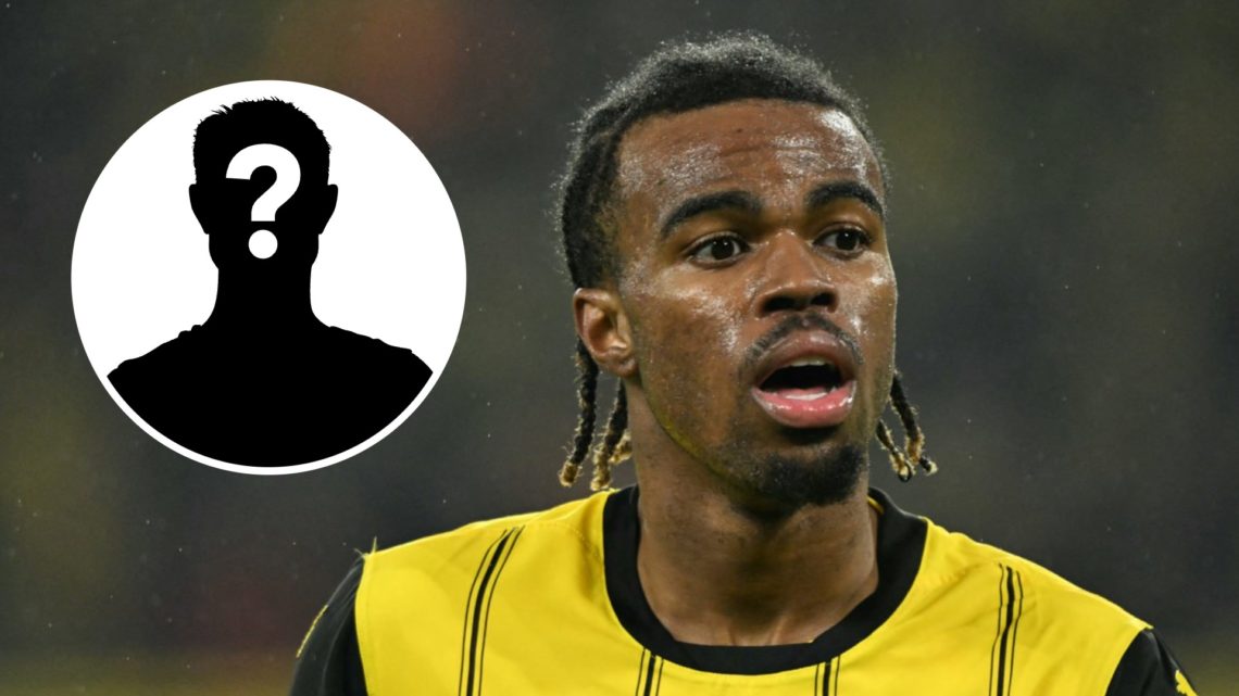 Carney Chukwuemeka playing for Borussia Dortmund in the German Bundesliga. Inset, mystery football player.