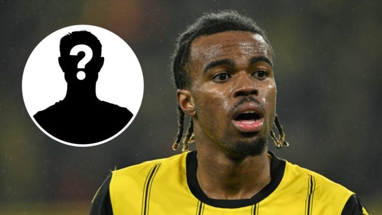Carney Chukwuemeka playing for Borussia Dortmund in the German Bundesliga. Inset, mystery football player.