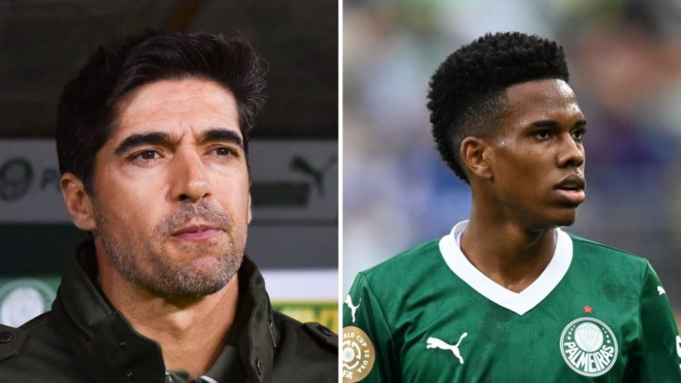 Picture one Palmeiras manager Abel Ferreira looks on before a league match. Picture two Palmeiras attacker Estevao Willian during a Club World Cup ...