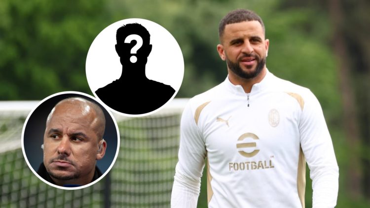 Kyle Walker on the training pitch for AC Milan. Inset, Gabriel Agboblahor working as a pundit for a Premier League match. Inset, mystery football p...