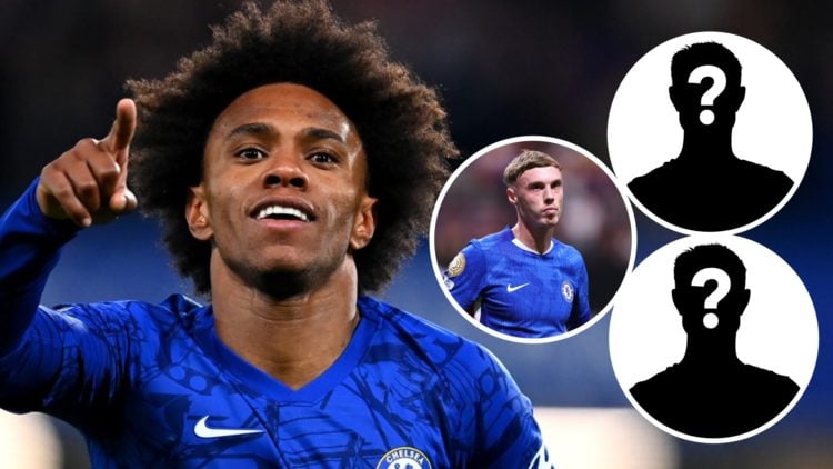 Willian playing for Chelsea in the FA Cup. Inset, Cole Palmer playing for Chelsea at the Club World Cup. Inset, mystery football player. Instet, my...