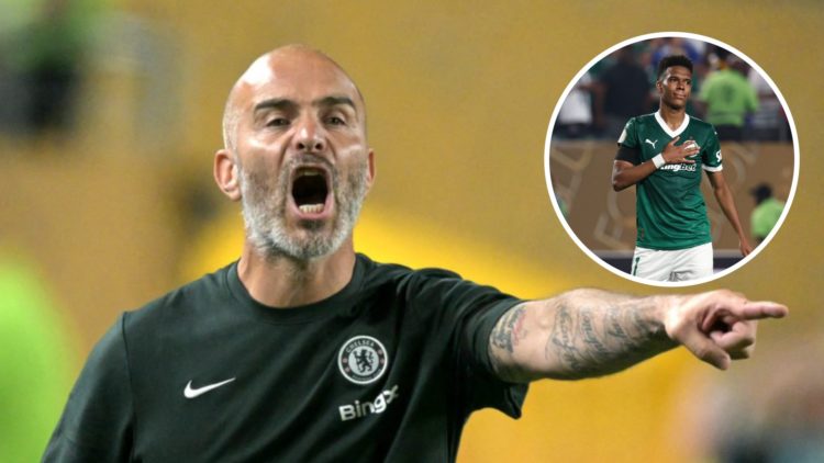 Chelsea manager Enzo Maresca pointing during the Club World Cup match against Palmeiras. Inset, Palmeiras star Estevao Willian after the Club World...