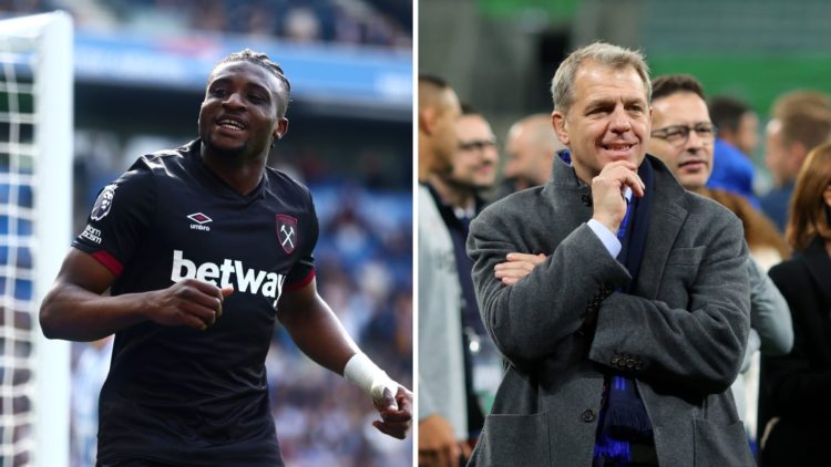 Mohammed Kudus celebrates scoring during Brighton & Hove Albion FC v West Ham United FC - Premier League. Todd Boehly looks on after victory in...