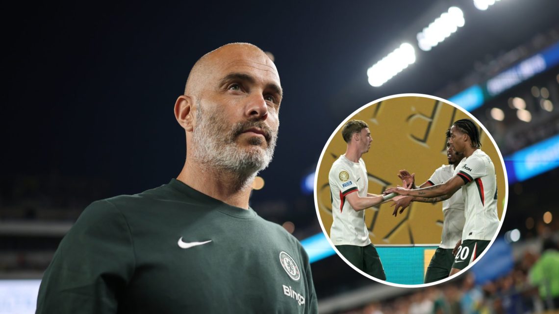 Enzo Maresca looks on during SE Palmeiras v Chelsea FC: Quarter Final - FIFA Club World Cup 2025. Cole Palmer, Joao Pedro and Andrey Santos celebra...