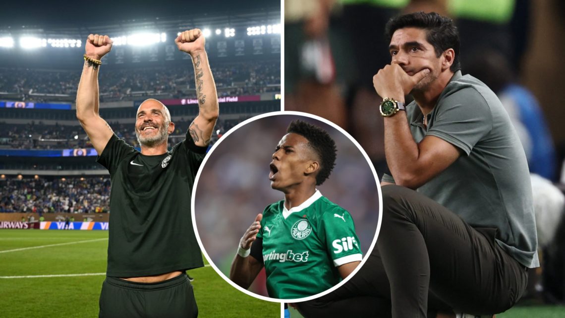 Enzo Maresca celebrates victory SE Palmeiras v Chelsea FC: Quarter Final - FIFA Club World Cup 2025. Abel Ferreira looks on during Chelsea vs Palme...